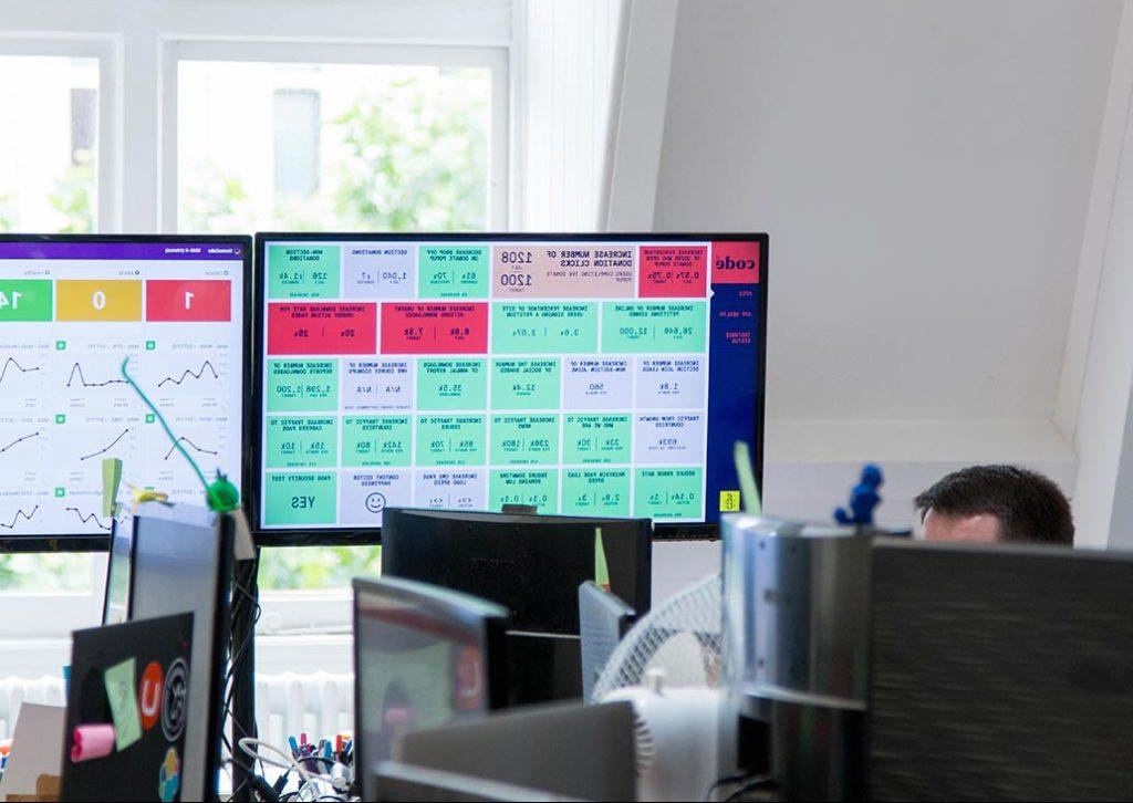 An image of a workspace with two computer screens displaying analytics data.