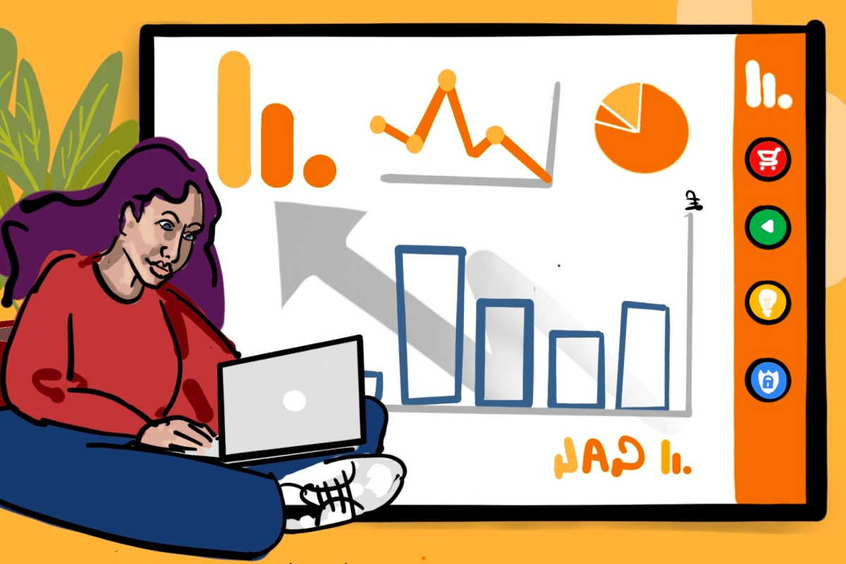 A drawing of a woman working on a computer featuring graphs.